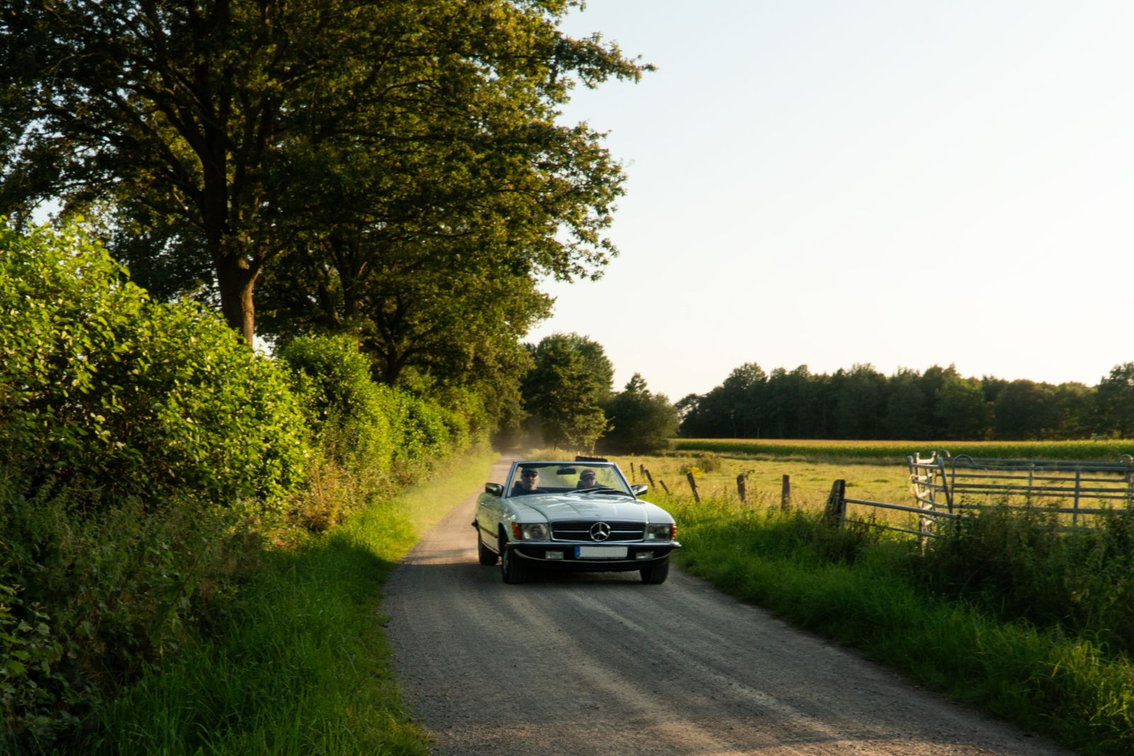 Classic car on a back road in Champagne, evening light