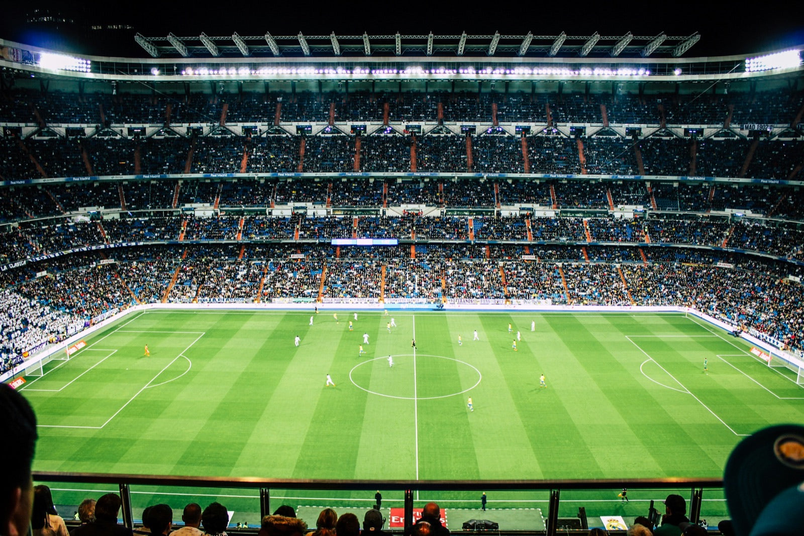 The Santiago Bernabéu under floodlights